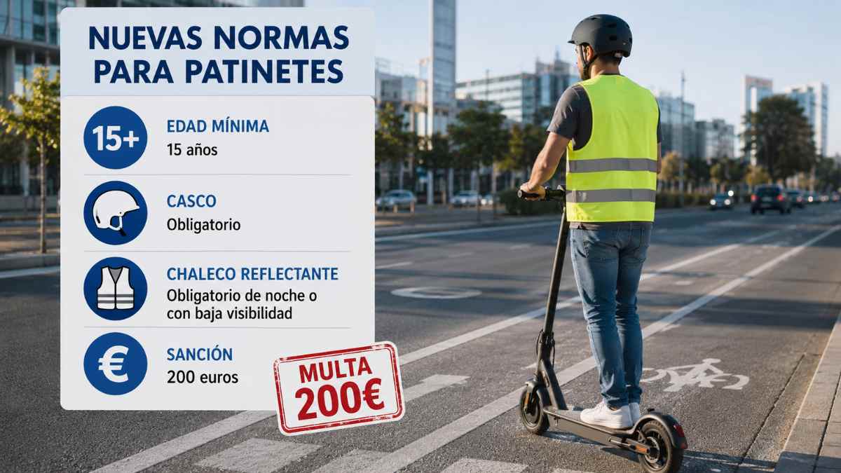 Usuario de patinete eléctrico con casco y chaleco reflectante según la nueva normativa de la DGT que fija multas de 200 euros