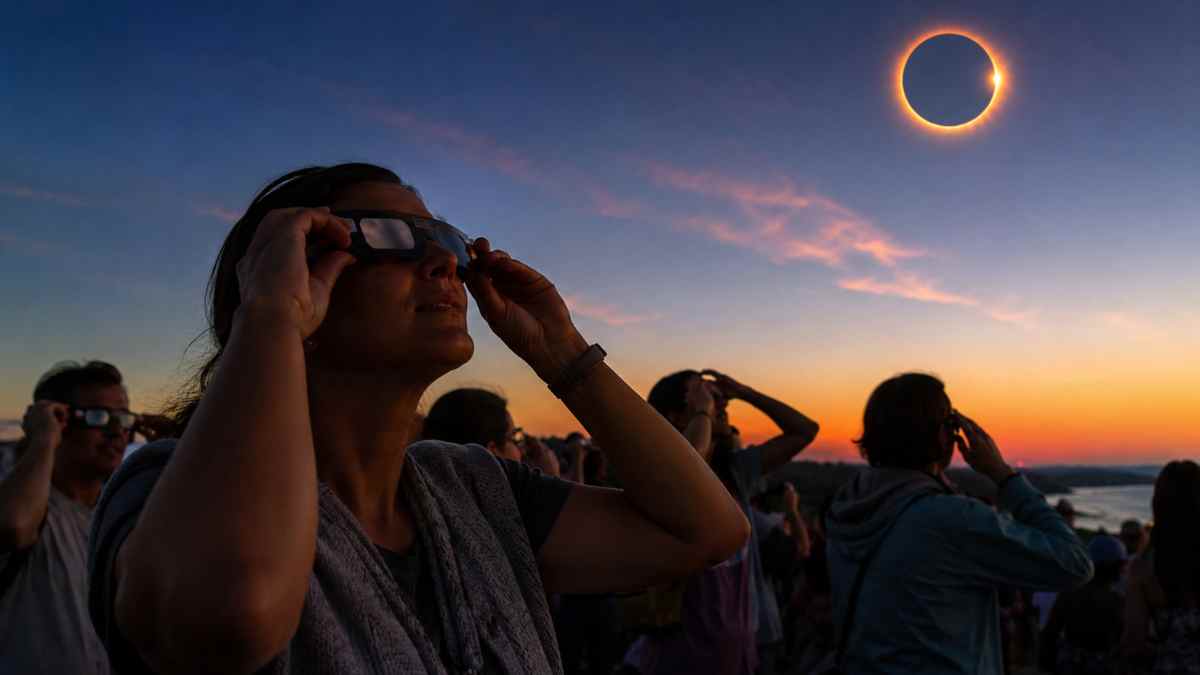 Personas observando el eclipse solar de 2026 con gafas homologadas para proteger la vista durante el fenómeno astronómico.