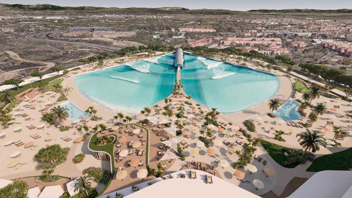 Recreación del proyecto Gemswell Surf Madrid con la laguna de surf artificial cuyo consumo de agua ha sido cuestionado por ecologistas.