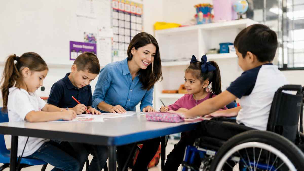 Educación inclusiva en un aula con profesora y alumnado recibiendo apoyo educativo especializado