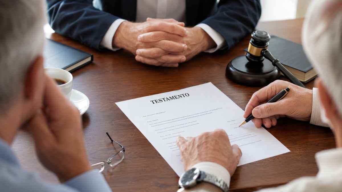 Persona firmando un testamento ante un abogado durante el proceso de reparto de una herencia