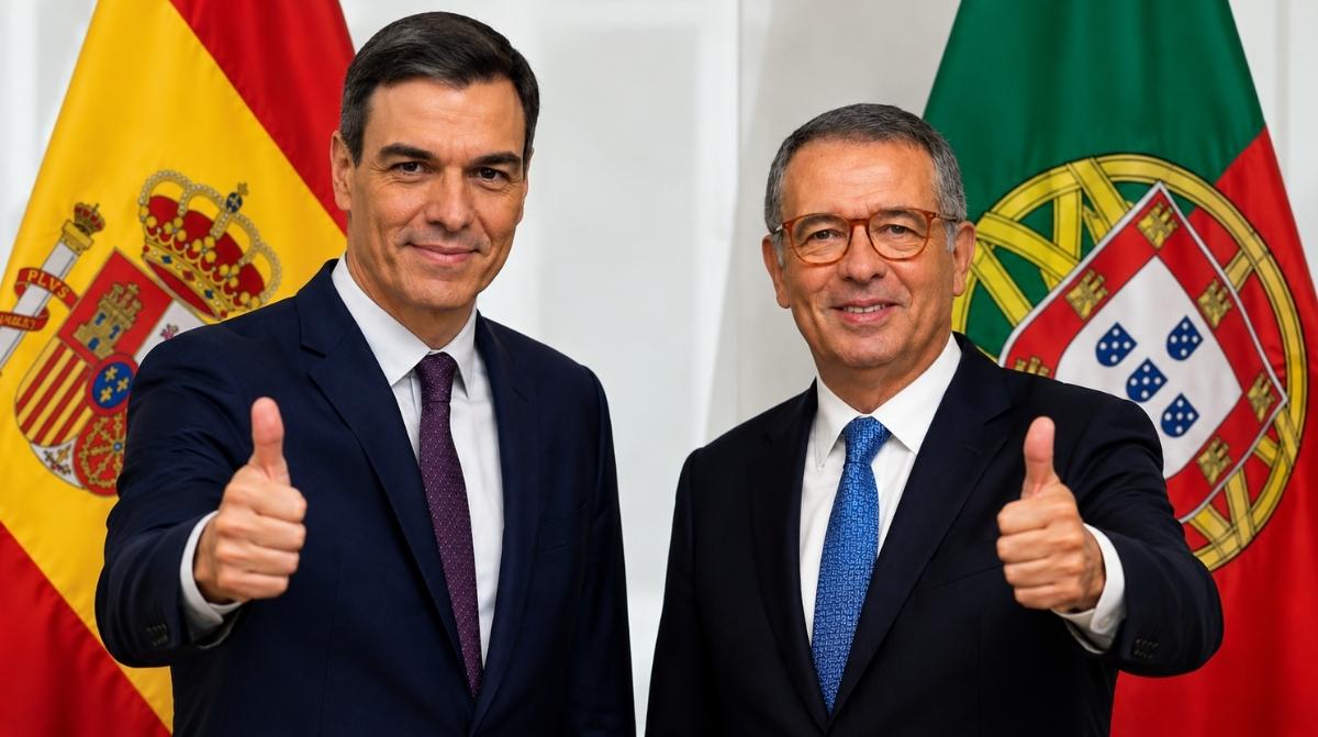 Pedro Sánchez y António José Seguro posan con el pulgar hacia arriba ante las banderas de España y Portugal en una iniciativa conjunta sobre seguridad laboral y cambio climático