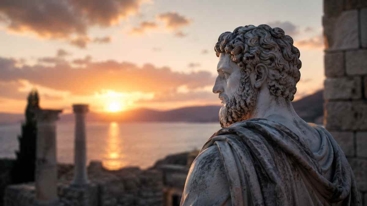 Estatua de filósofo estoico contemplando el horizonte al atardecer, símbolo del estoicismo y la calma interior