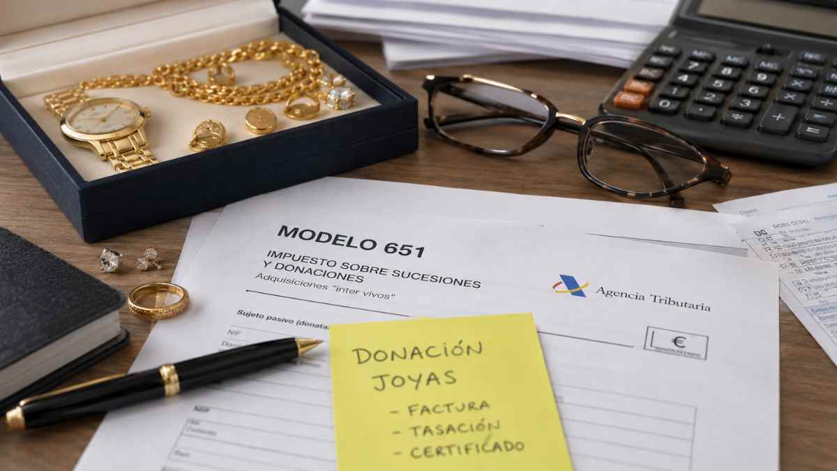 Modelo 651 del Impuesto de Donaciones junto a joyas de valor que deben declararse ante Hacienda