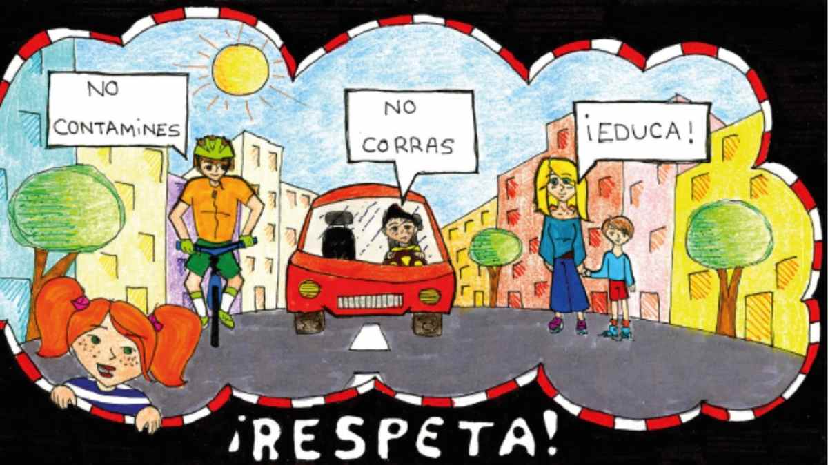 Dibujo infantil sobre educación y seguridad vial con mensajes de respeto, conducción responsable y movilidad sostenible