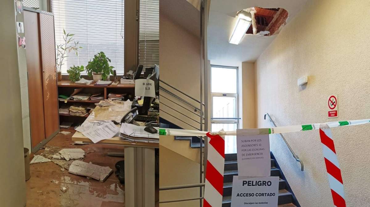 Techos caídos y oficina afectada por una inundación en los juzgados de Plaza de Castilla