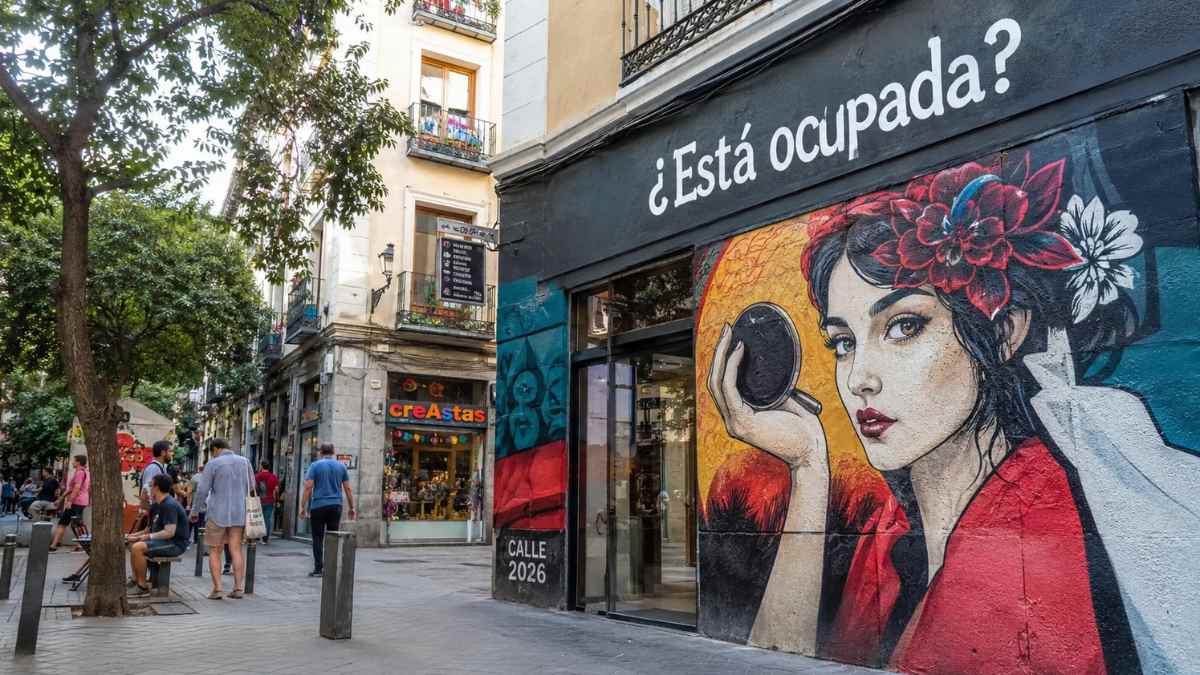 Murales de arte urbano del festival CALLE 2026 en una fachada comercial del barrio de Lavapiés, Madrid.