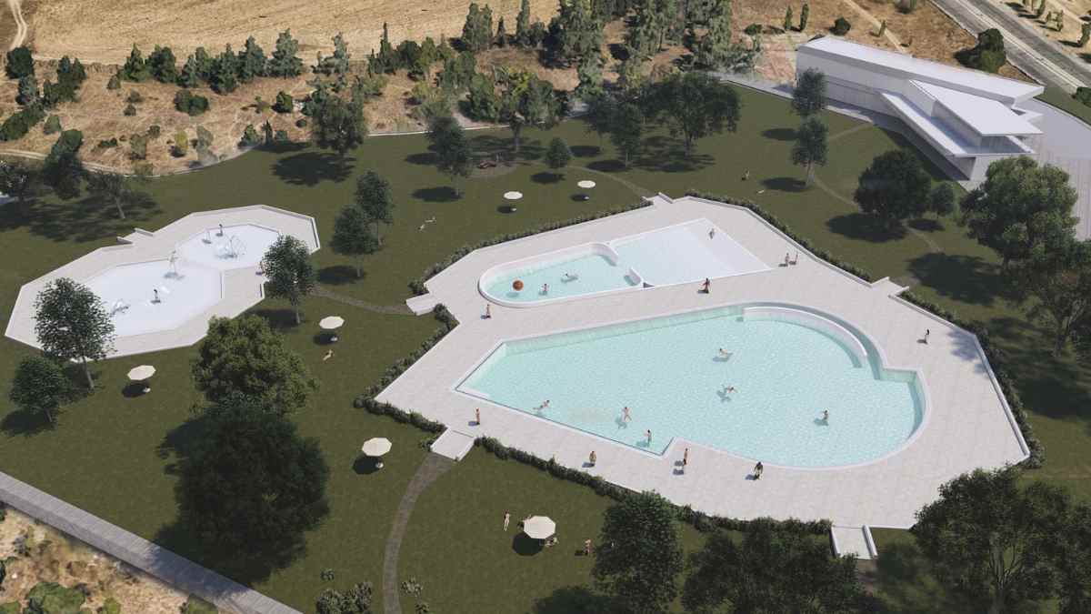 Recreación de la nueva piscina Solagua de Leganés con varias zonas de baño, área de olas y amplias zonas verdes.