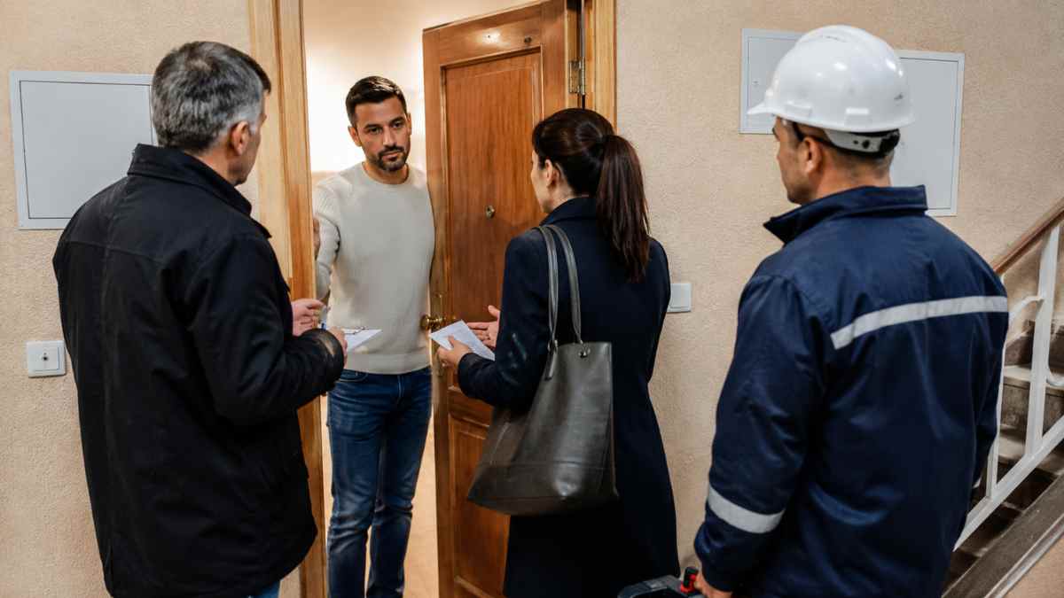 Comunidad de vecinos y operarios solicitando acceso a una vivienda para realizar obras de reparación en el edificio.