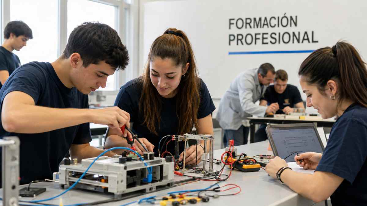 Estudiantes de Formación Profesional realizando prácticas en un centro educativo durante el proceso de admisión FP en Madrid 2026
