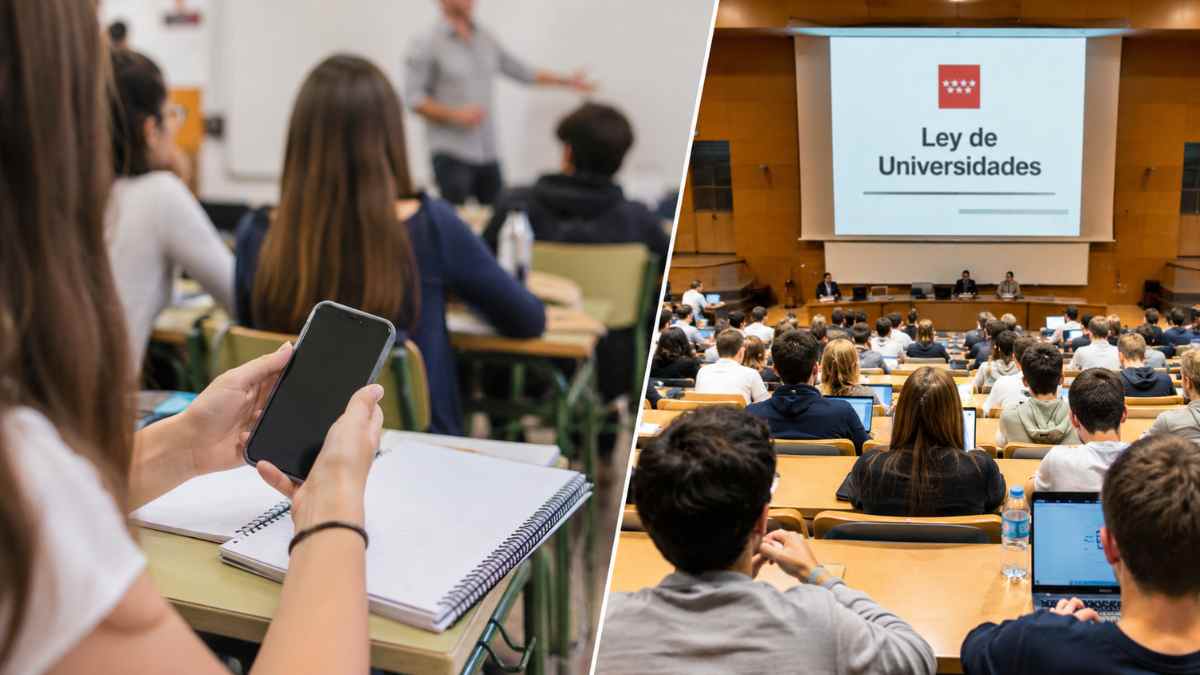 Estudiantes en un aula con un móvil y universitarios en una conferencia sobre la nueva ley de universidades de Madrid