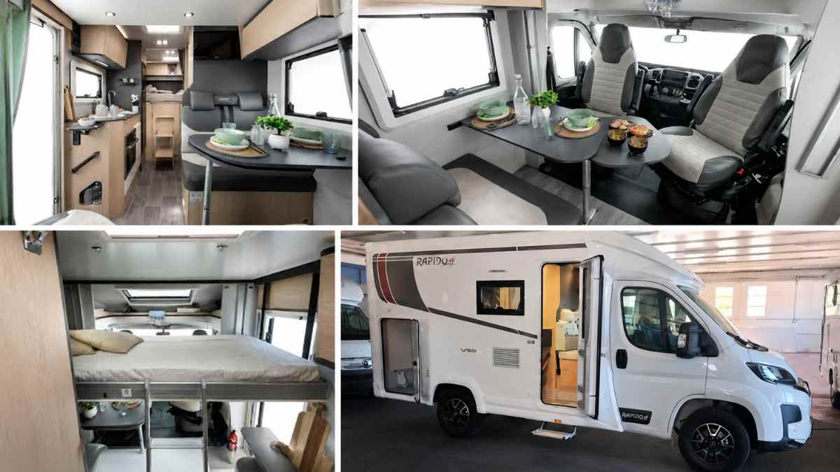 Autocaravana low cost GiottiLine Compact CX60 con salón, cocina y zona de descanso para viajar en verano