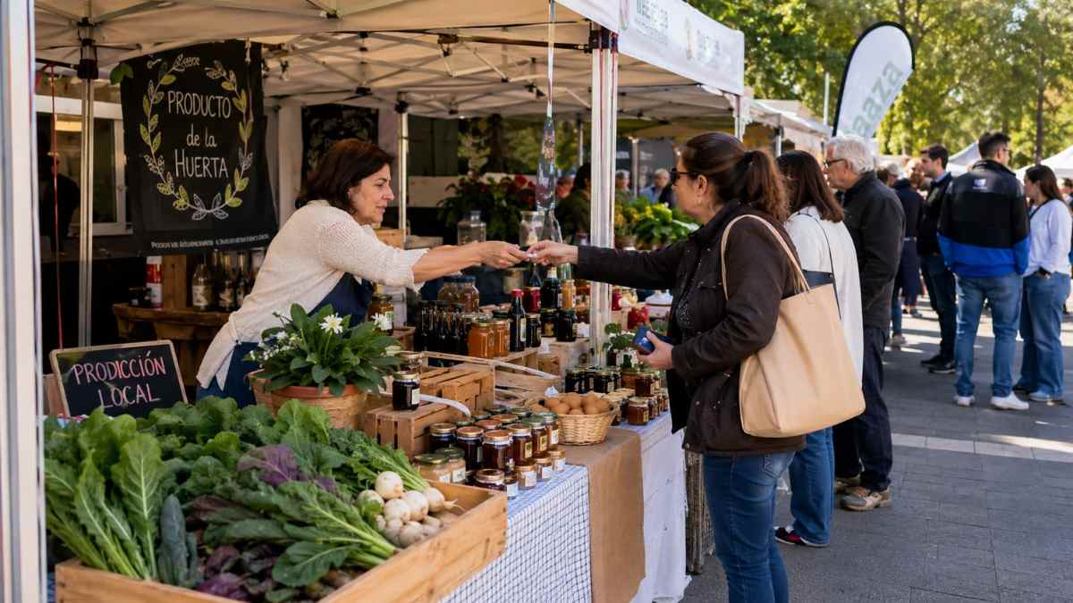 Mercado agroalimentario de Leganés con puestos de miel, productos de la huerta y alimentos artesanos