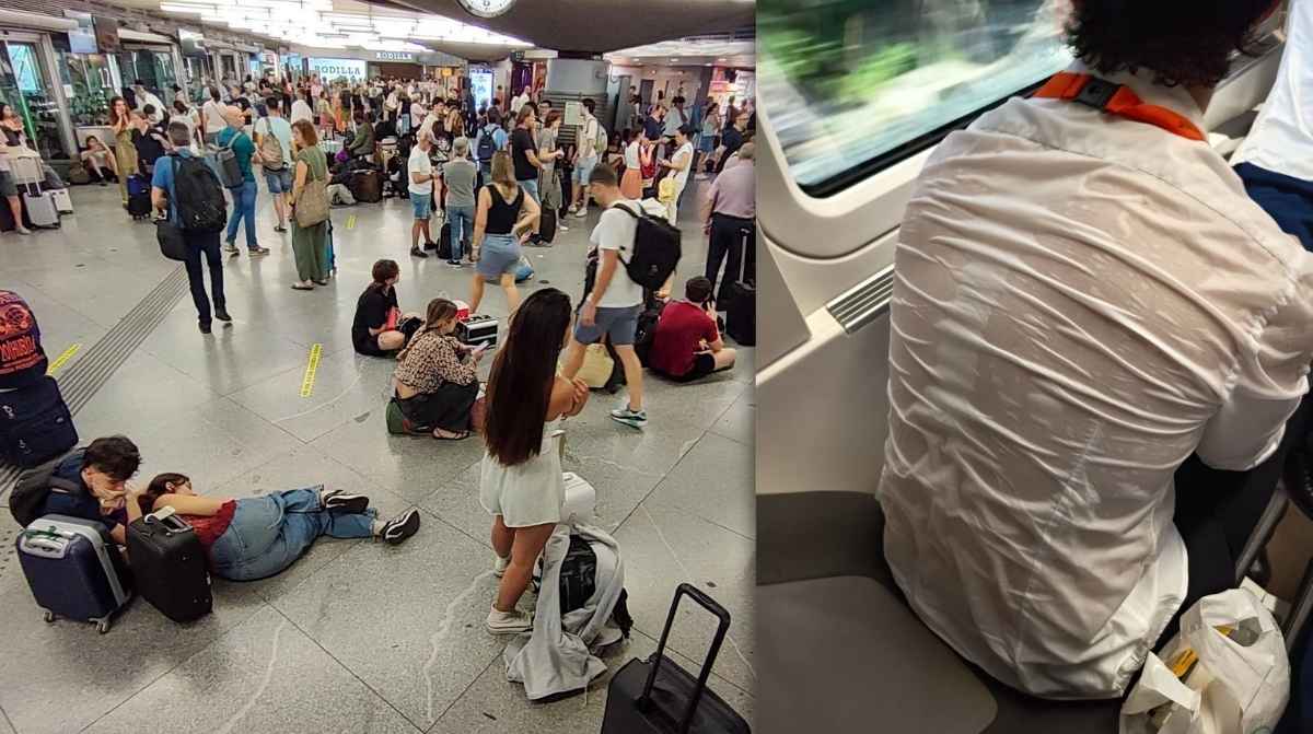 Viajeros esperando en una estación y pasajero con la camisa empapada por el calor en trenes de Metro y Cercanías de Madrid sin aire acondicionado.