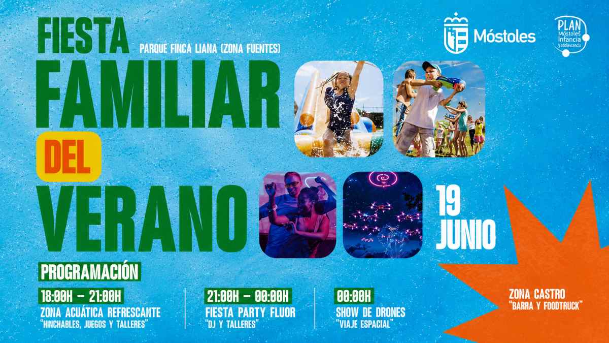 Fiesta del Verano en Móstoles con actividades acuáticas, música y espectáculo de 300 drones en Finca Liana