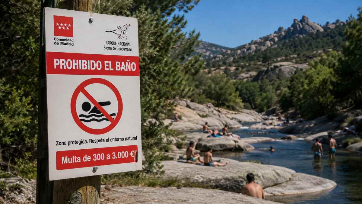 Cartel que prohíbe el baño en el río Manzanares con multas de hasta 3.000 euros en la Sierra de Guadarrama