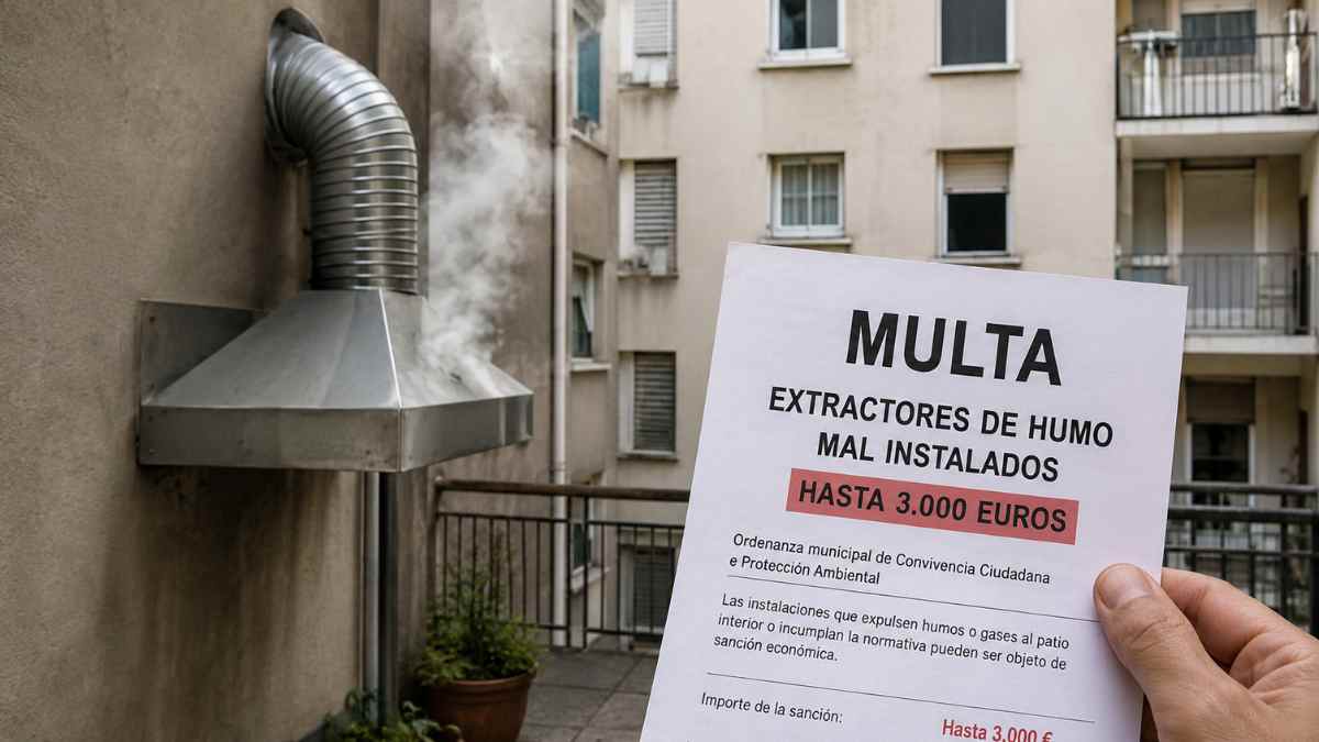 Extractor de humo orientado al patio interior de un edificio con aviso de multa de hasta 3.000 euros por incumplir la normativa.