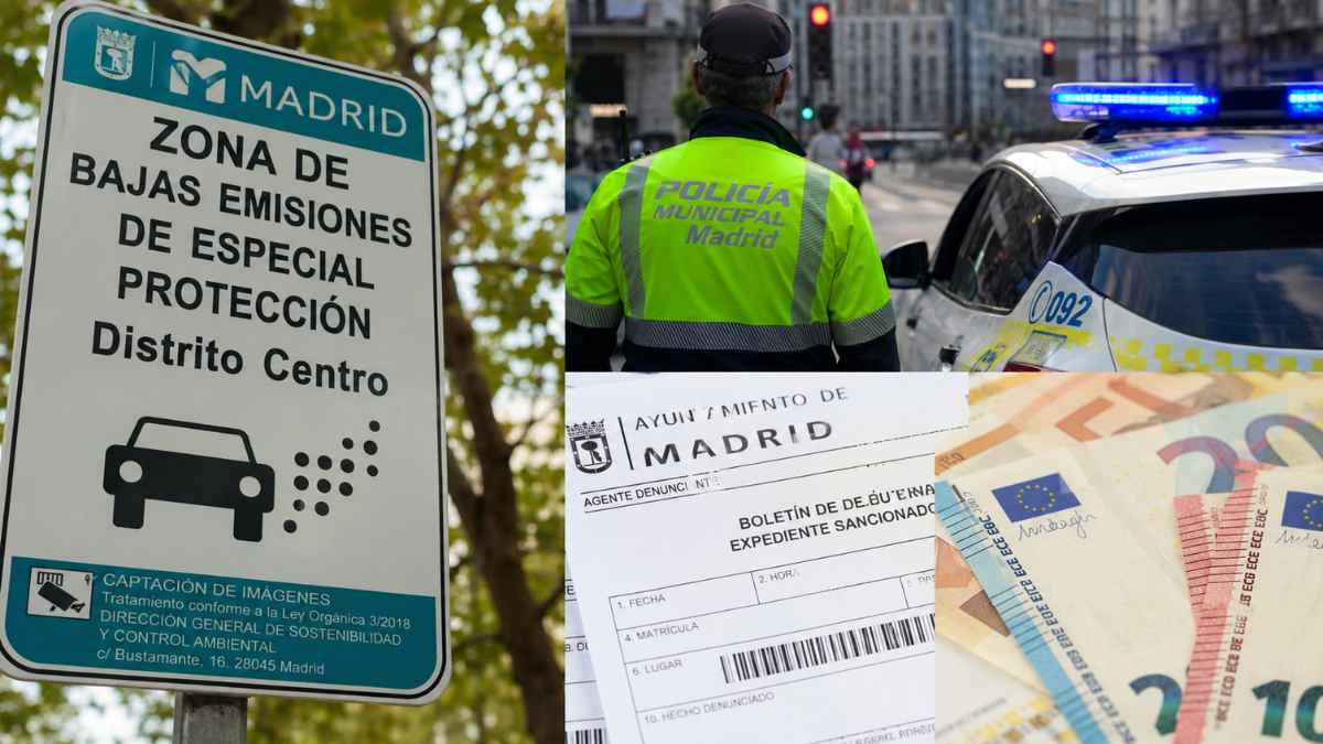 Señal de Zona de Bajas Emisiones de Madrid junto a una multa de tráfico, un coche de Policía Municipal y billetes de euro