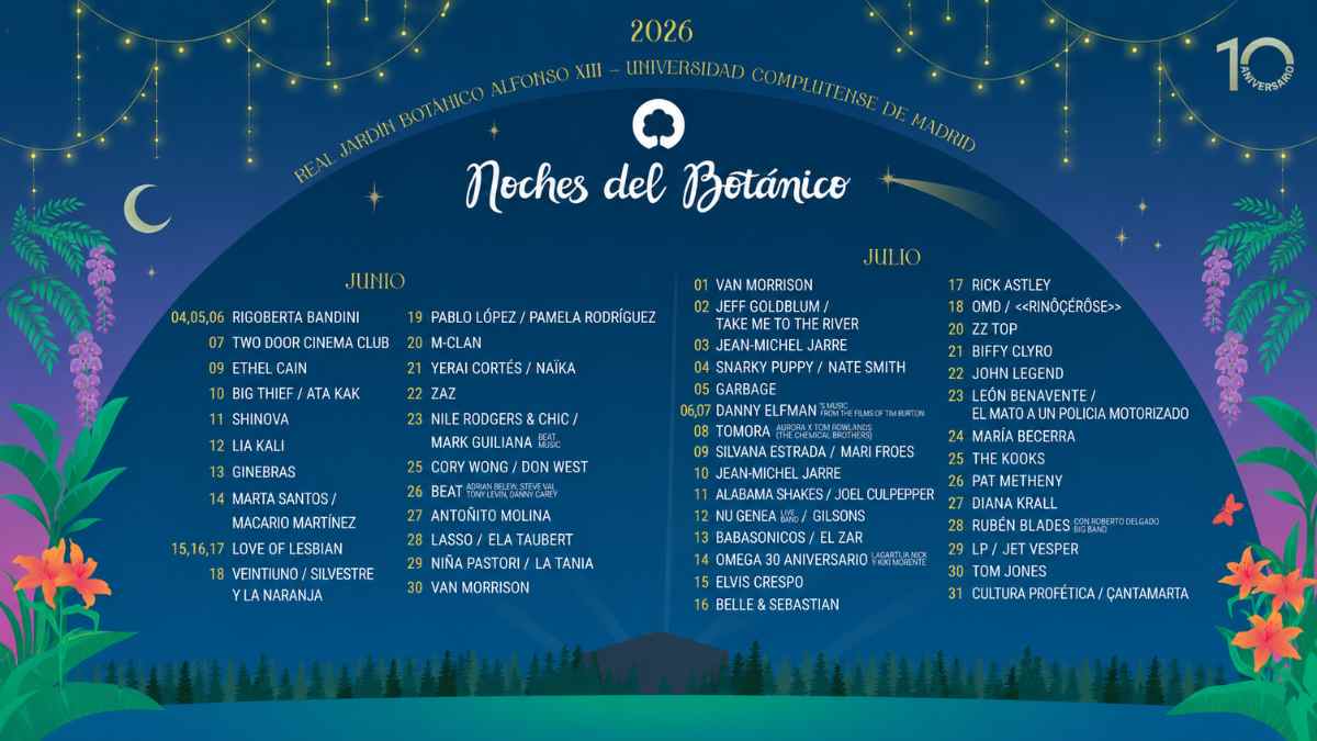 Cartel oficial de Noches del Botánico 2026 con las fechas y artistas confirmados en Madrid