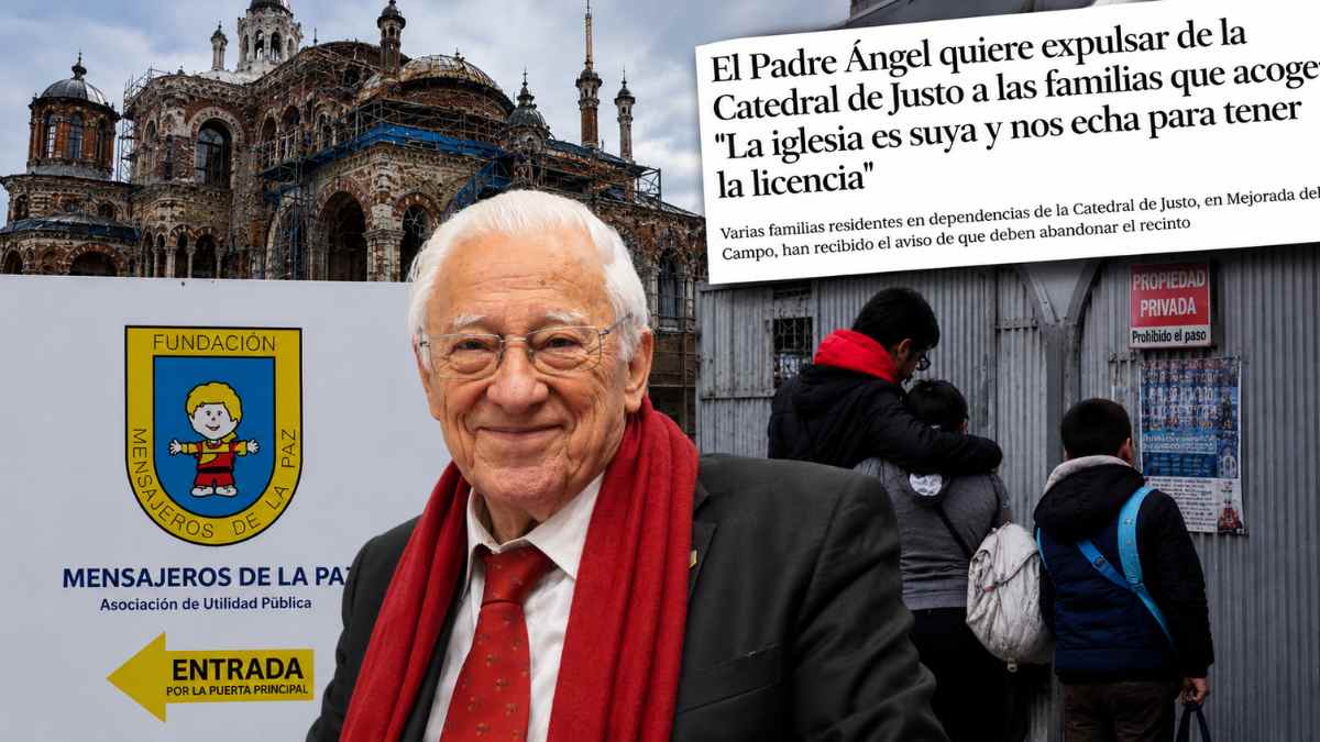 Padre Ángel junto a la Catedral de Justo en una imagen sobre la polémica por las familias acogidas en Mejorada del Campo