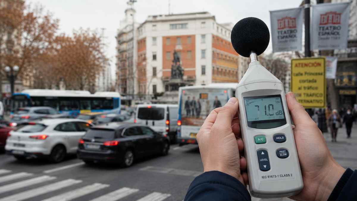Sonómetro midiendo niveles de ruido del tráfico en Madrid tras una queja vecinal llevada al Parlamento Europeo