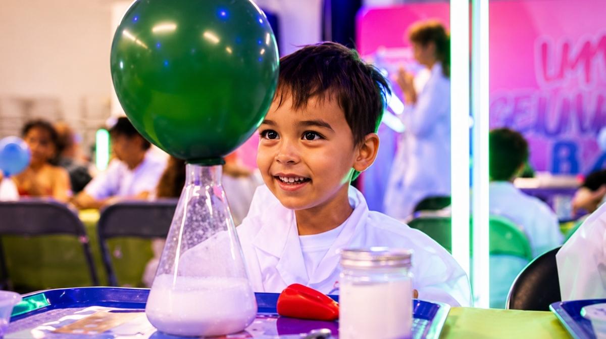 Niño realizando un experimento científico durante Mini Genius Lab en La Vaguada con un globo, slime e hielo seco.