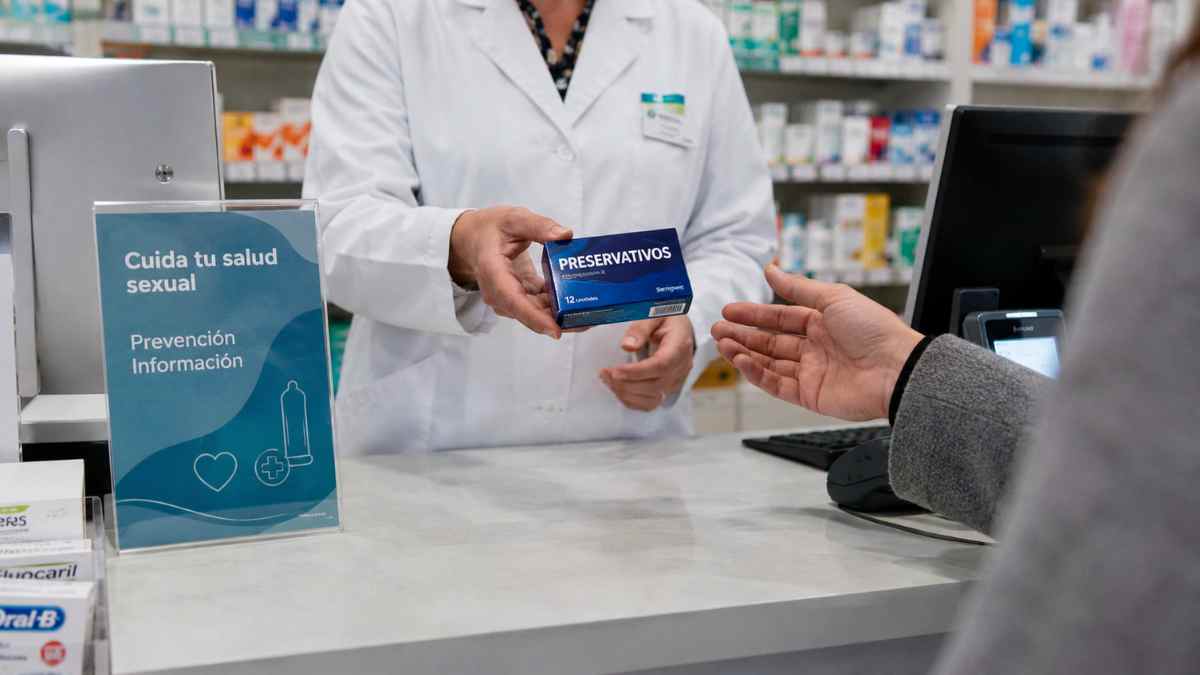 Farmacéutica entrega preservativos gratuitos a un joven en una farmacia dentro del plan de Sanidad para jóvenes de 16 a 22 años