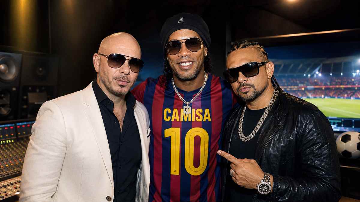 Ronaldinho posa junto a Pitbull y Sean Paul durante la presentación del álbum CAMISA 10