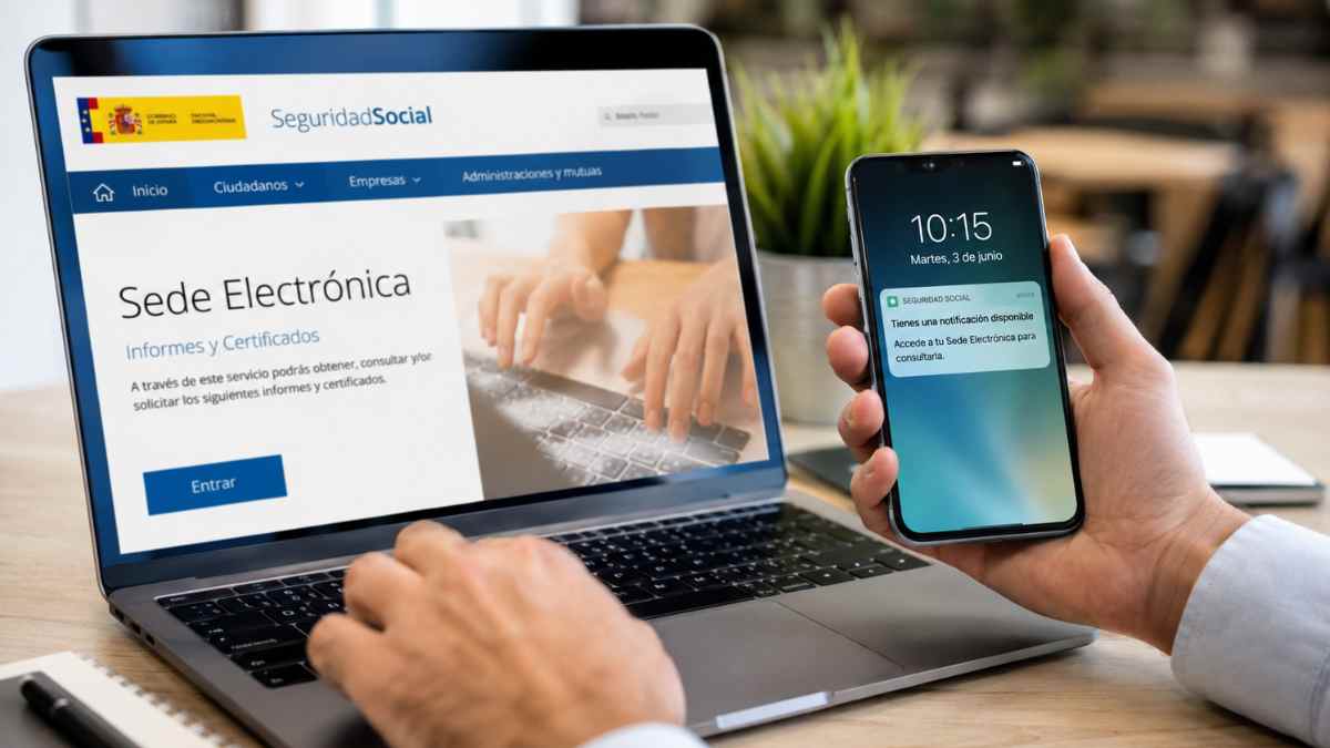 Trabajador consulta una notificación electrónica de la Seguridad Social durante una baja laboral desde su teléfono móvil