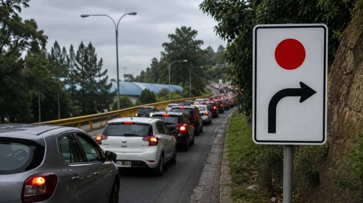 Señal con flecha a la derecha y punto rojo que indica un desvío alternativo junto a una carretera con retenciones