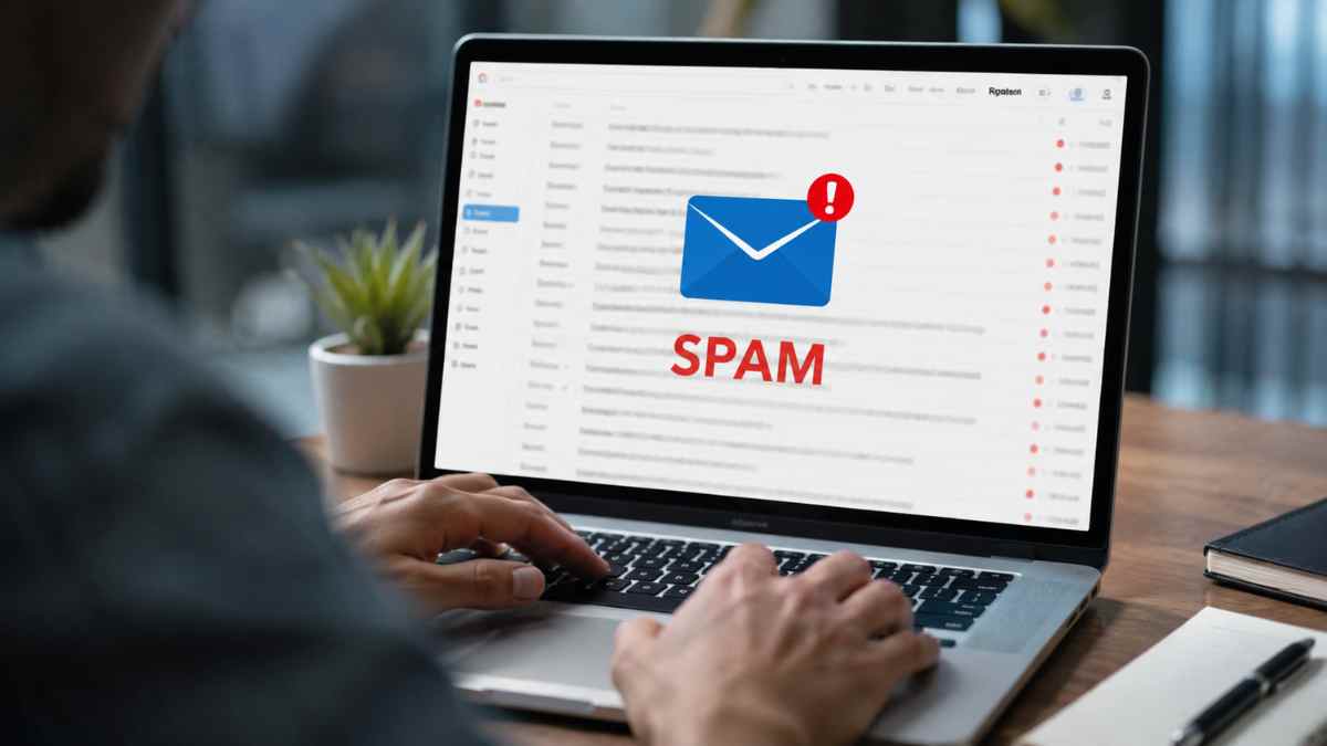 Usuario revisando correos de spam en un ordenador portátil para denunciar publicidad no deseada por correo electrónico.
