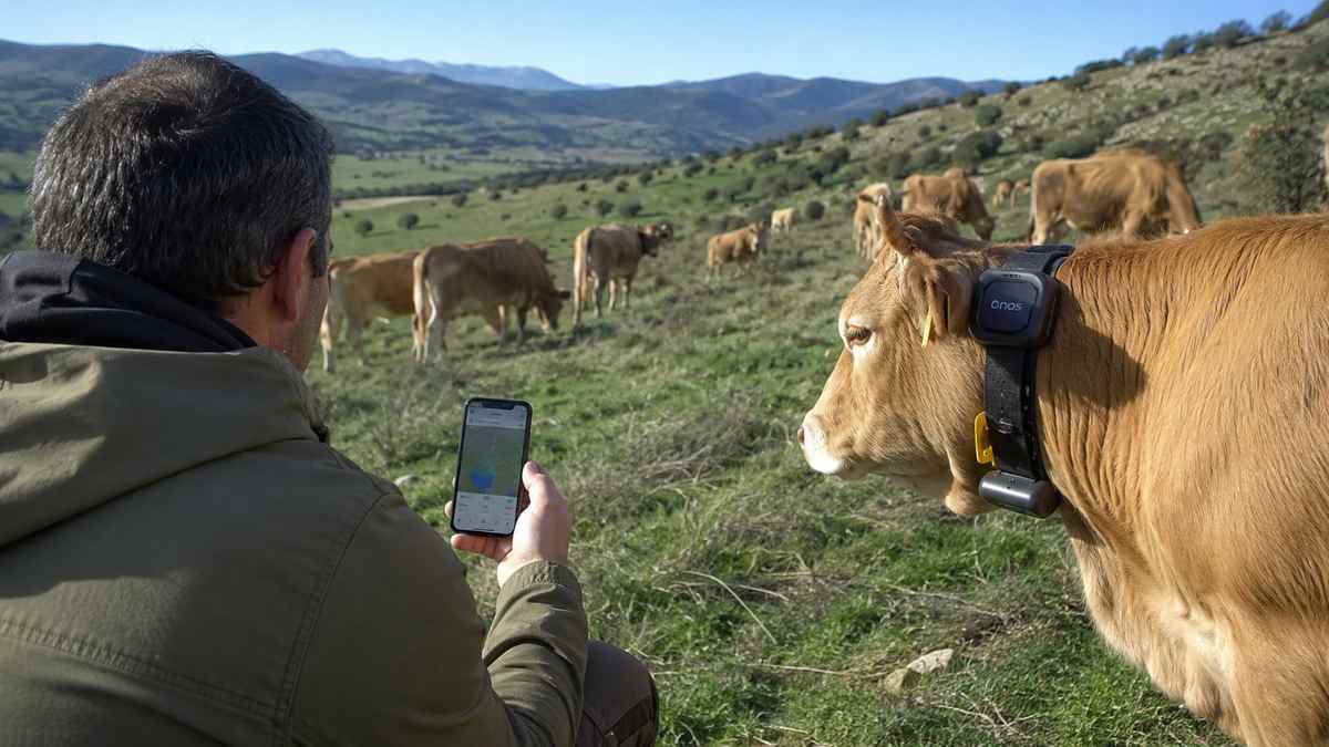 Ganadero controla vacas mediante telepastoreo con GPS desde una aplicación móvil en una explotación ganadera