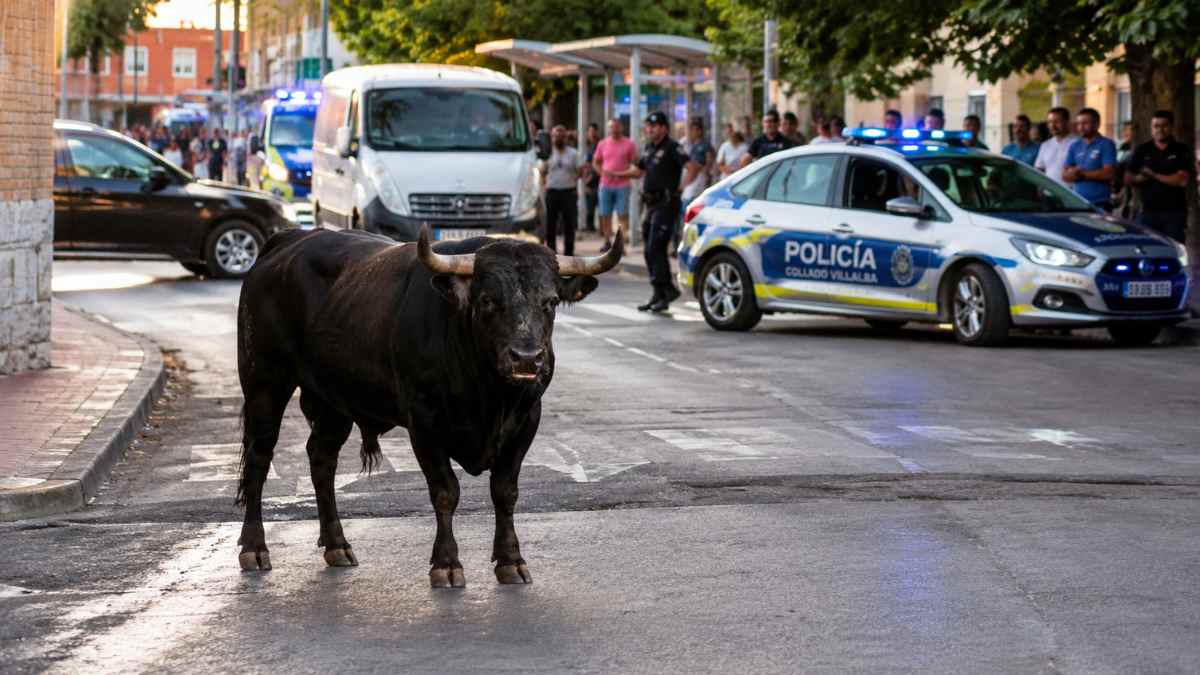 Toro escapado en Collado Villalba mientras la Policía Local controla la zona tras dejar tres heridos