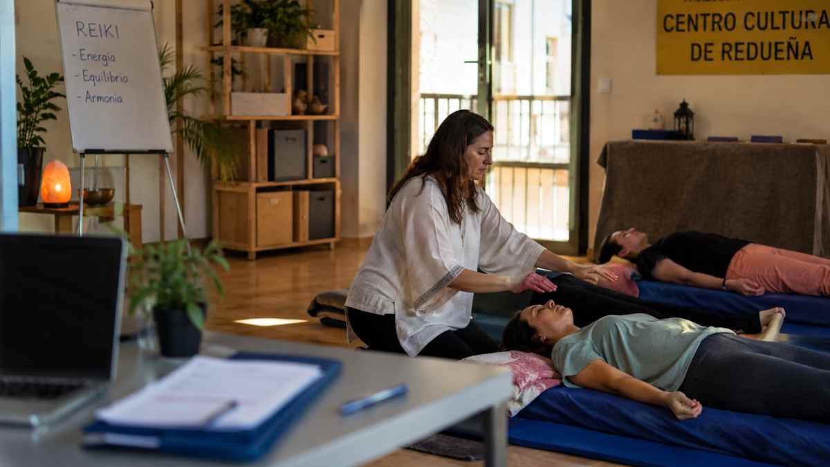 Trabajadora participando en una sesión de Reiki durante una baja por hernia lumbar en un caso de despido avalado por un tribunal.