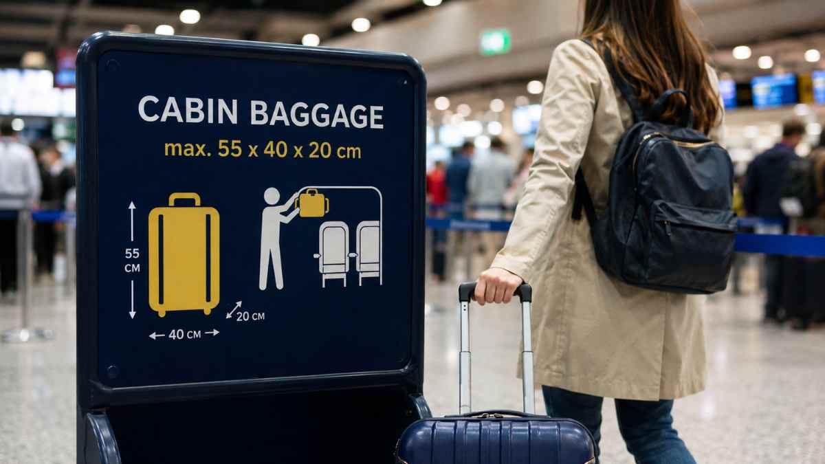 Pasajera con maleta de mano en un aeropuerto tras la nueva normativa de la Unión Europea sobre equipaje de cabina