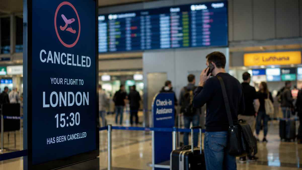 Pasajero en un aeropuerto tras la cancelación de un vuelo mientras consulta el reembolso de su viaje.