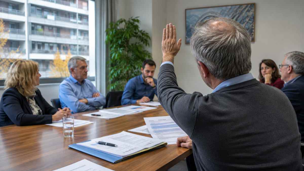 Vecino votando en una junta de propietarios sobre una derrama de la comunidad de vecinos