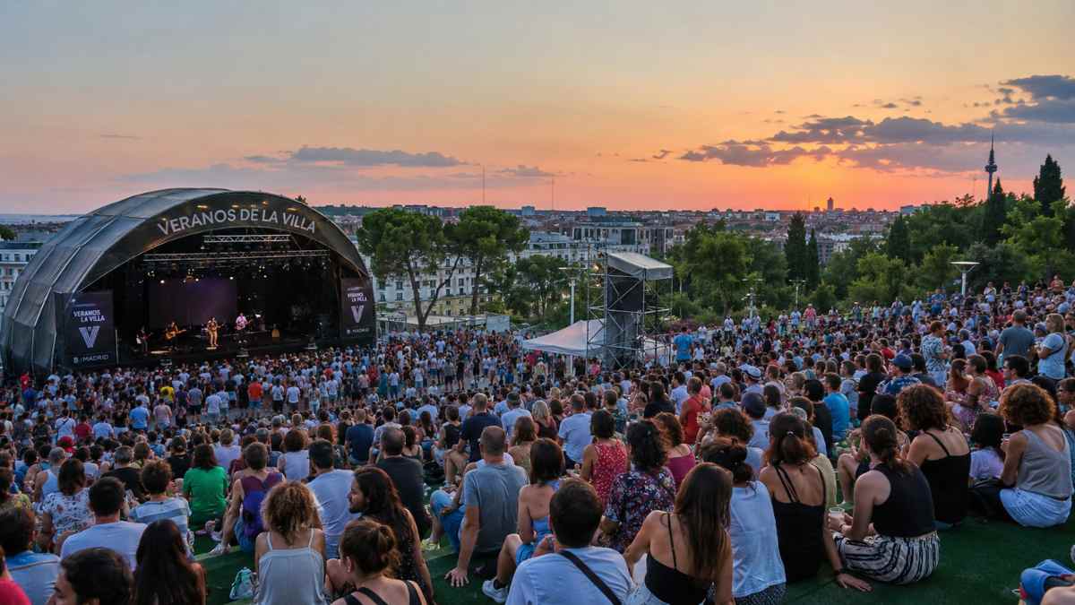 Público asistiendo a un concierto de Veranos de la Villa 2026 en Madrid durante una actuación al aire libre al atardecer