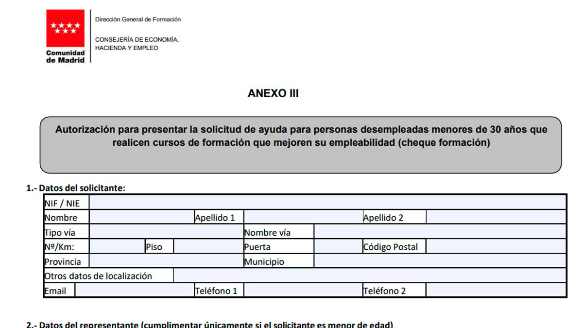 Formulario de solicitud del Cheque Formación de Madrid para jóvenes desempleados