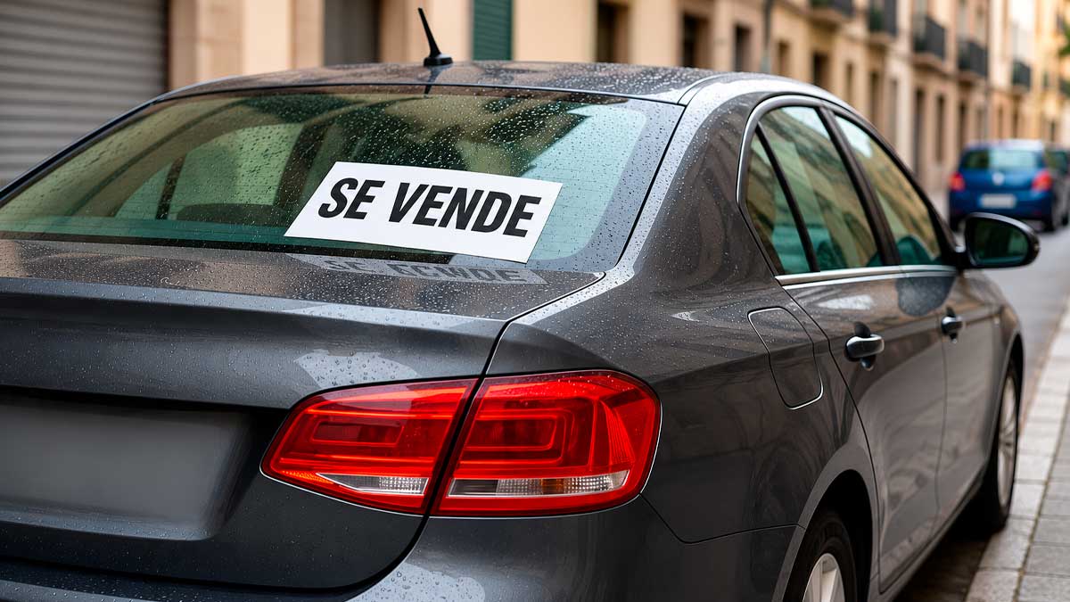 Coche de segunda mano con un cartel de "Se vende" aparcado en una calle de Madrid.