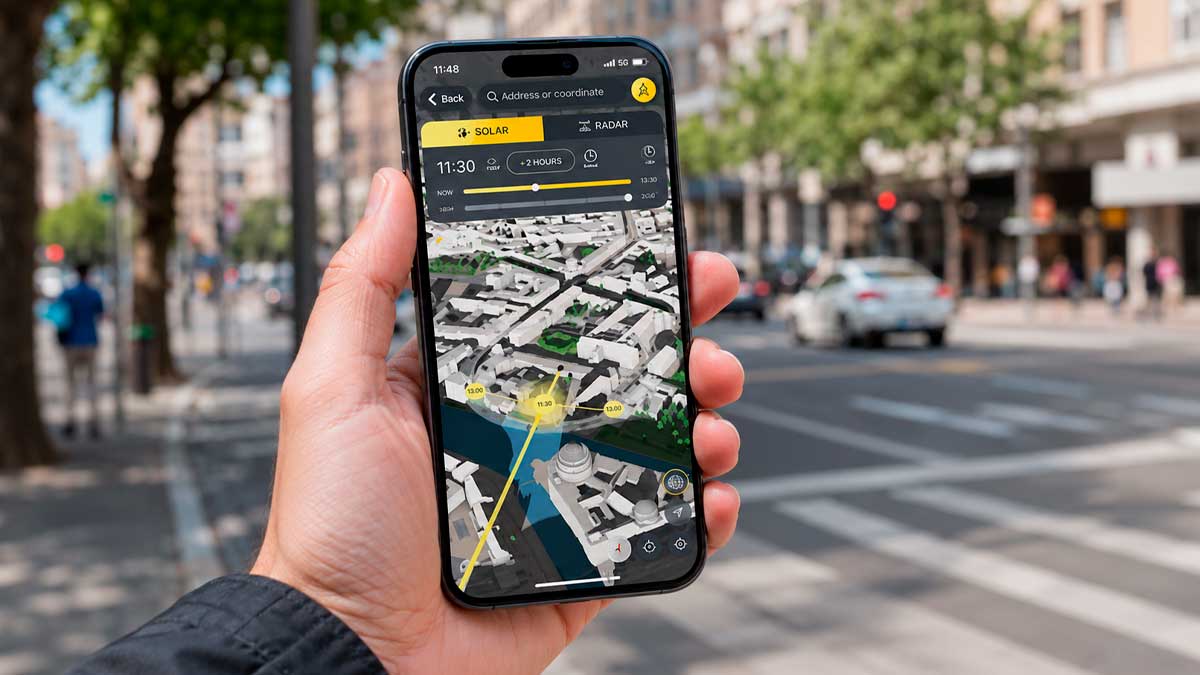 App 3D de sombra en Madrid mostrando rutas para evitar el calor extremo en el móvil