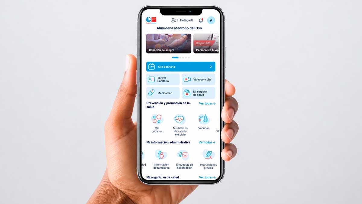 Pantalla de la Tarjeta Sanitaria Virtual de la Comunidad de Madrid en un teléfono móvil desde la que se pueden consultar radiografías, resonancias y ecografías.