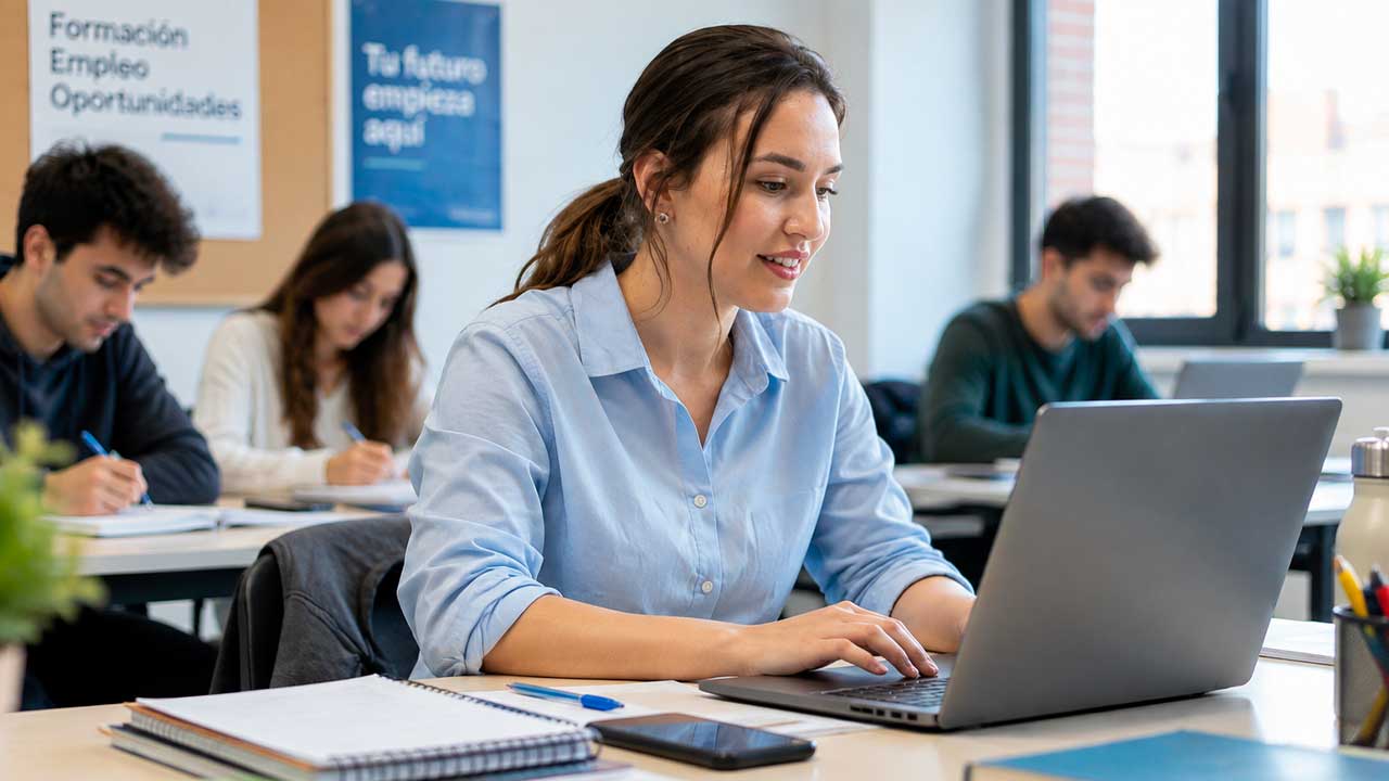 Joven realizando un curso de formación con un portátil en Madrid