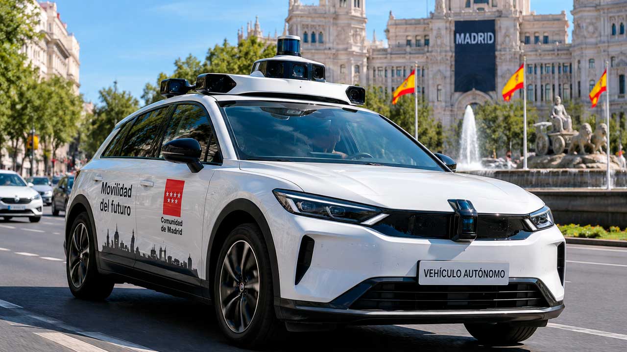 Coche autónomo circulando por Madrid equipado con cámaras y sensores