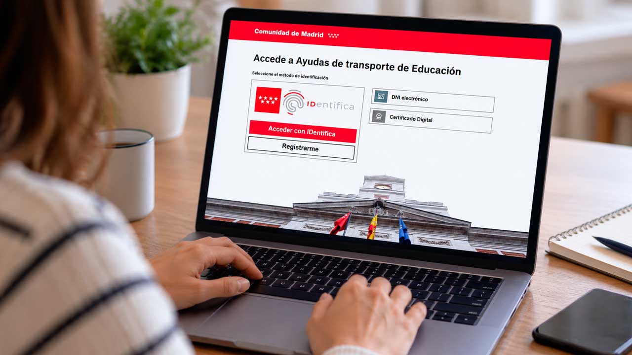 Mujer solicita la ayuda de transporte escolar de Madrid desde un ordenador