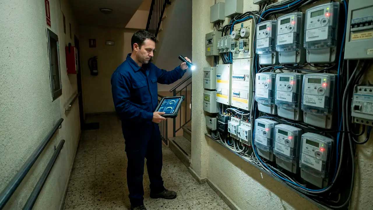 Técnico revisando una instalación eléctrica durante los cortes de luz en Madrid