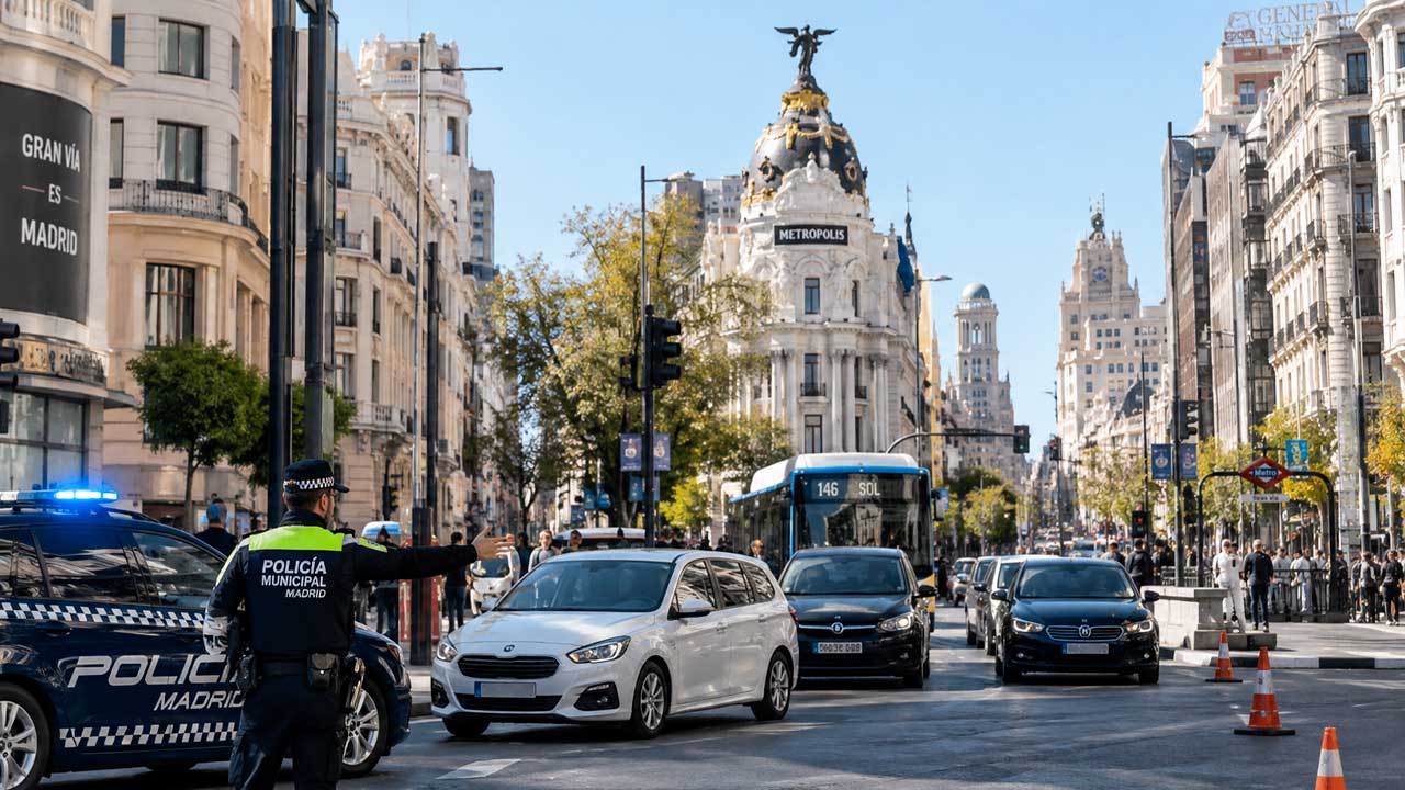 Policía Municipal regula el tráfico en la calle Alcalá junto a Gran Vía en Madrid