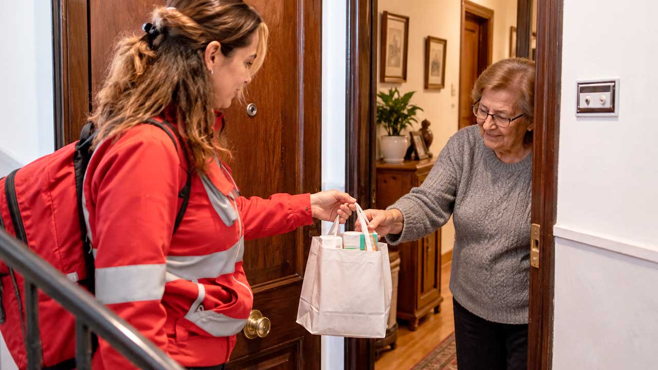 Entrega de medicamentos a domicilio a una persona mayor con movilidad reducida en Madrid