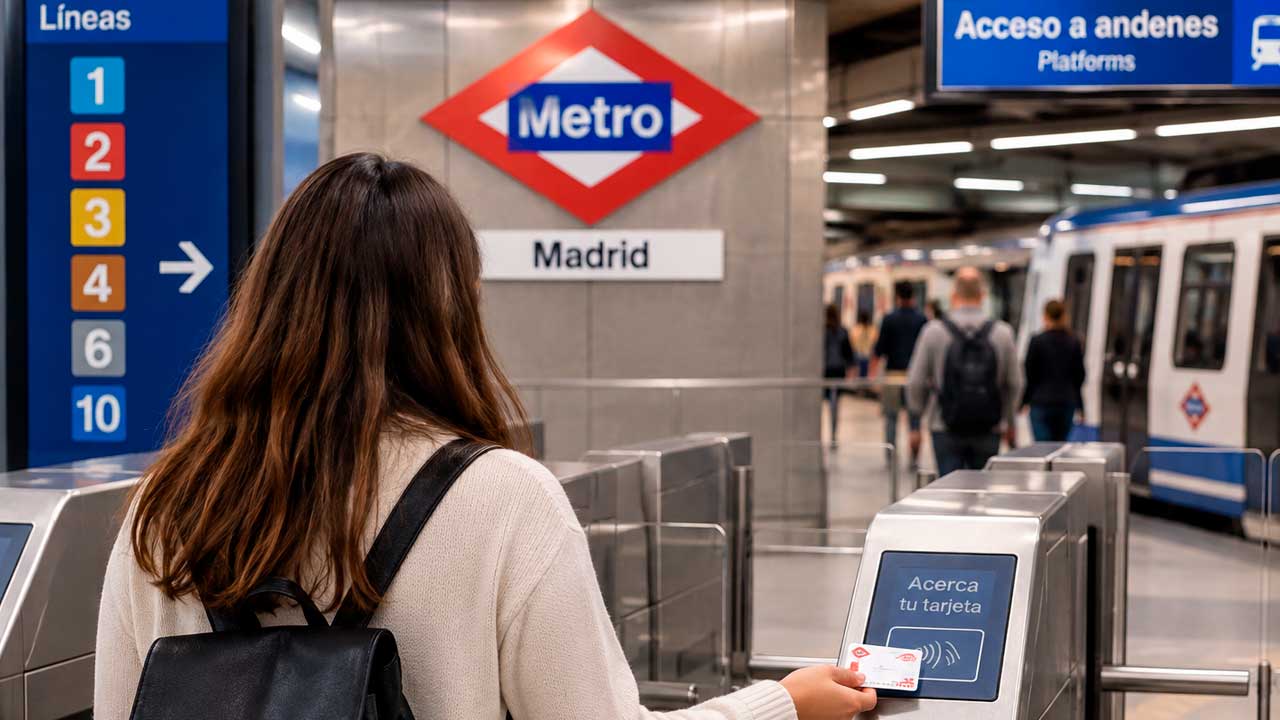 Viajera validando su billete en los tornos de Metro de Madrid