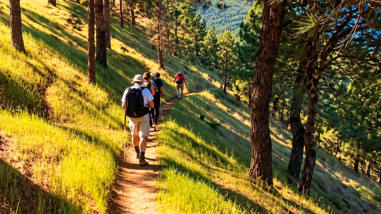 Senderistas recorren una ruta entre pinares en la Sierra de Madrid